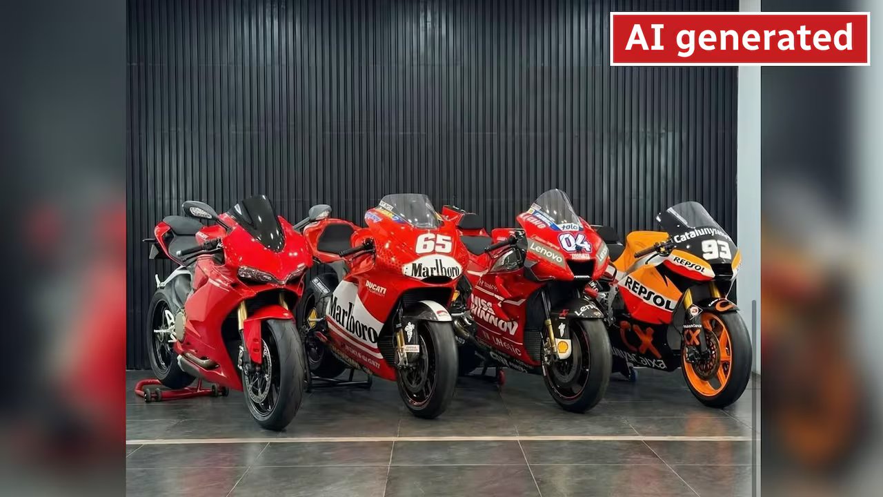 Tre motociclette rosse e una bicicletta arancione allineate fianco a fianco