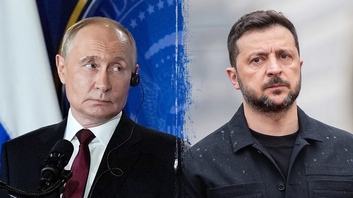 Il presidente russo Vladimir Putin (a sinistra) e il presidente ucraino Volodymyr Zelensky (a destra) sono mostrati fianco a fianco in un'illustrazione durante i negoziati di pace in corso.