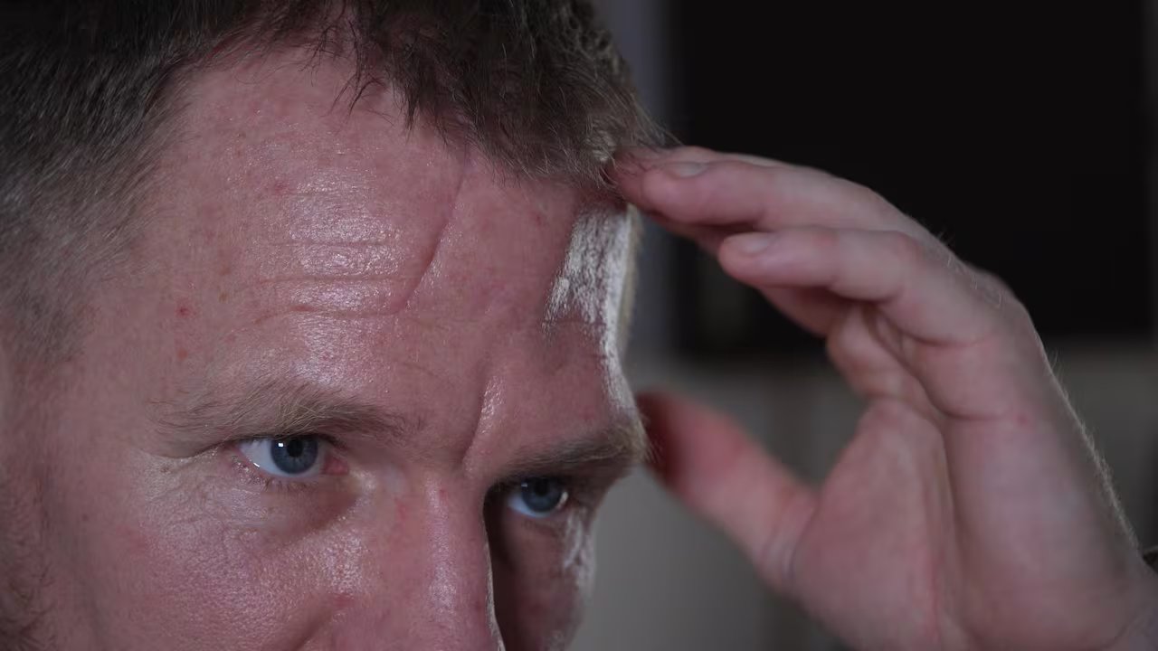 David Rauser indica la parte mancante del suo cranio dopo essere stato colpito accidentalmente da un soldato americano che combatteva per l'Ucraina a novembre. 