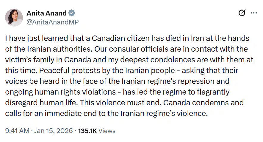     Anita AnandAnitaAnandMP Ho appena appreso che un cittadino canadese è morto in Iran per mano delle autorità iraniane. I nostri funzionari consolari sono in contatto con la famiglia della vittima in Canada e esprimono le mie più sentite condoglianze