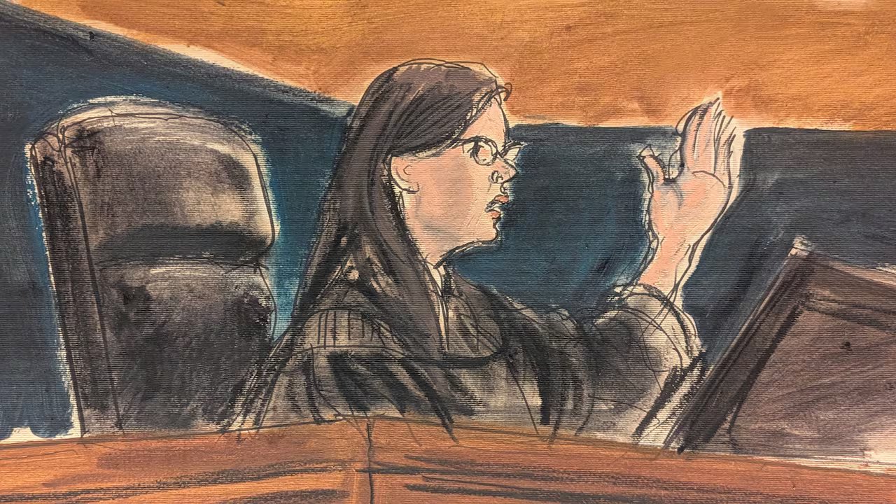 Schizzo di una corte di una donna che indossa l'abito da giudice