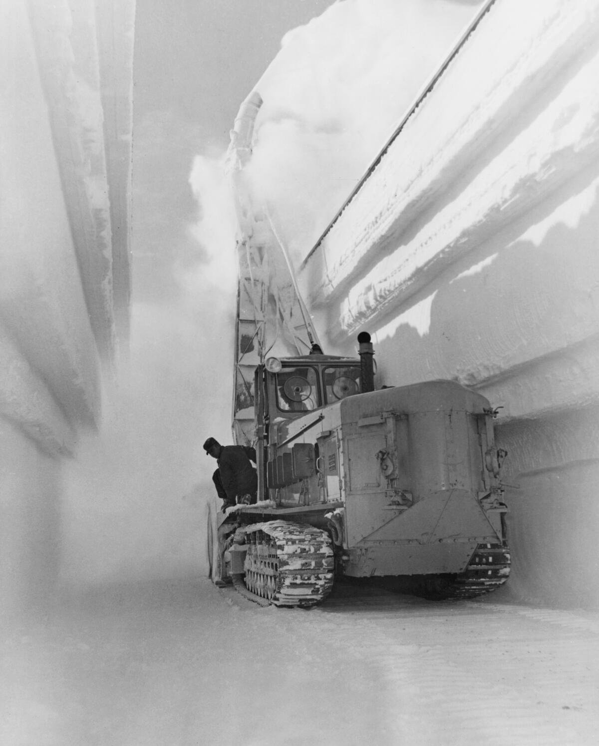 Uno spazzaneve di fabbricazione svizzera taglia una trincea durante la costruzione di Camp Century.  